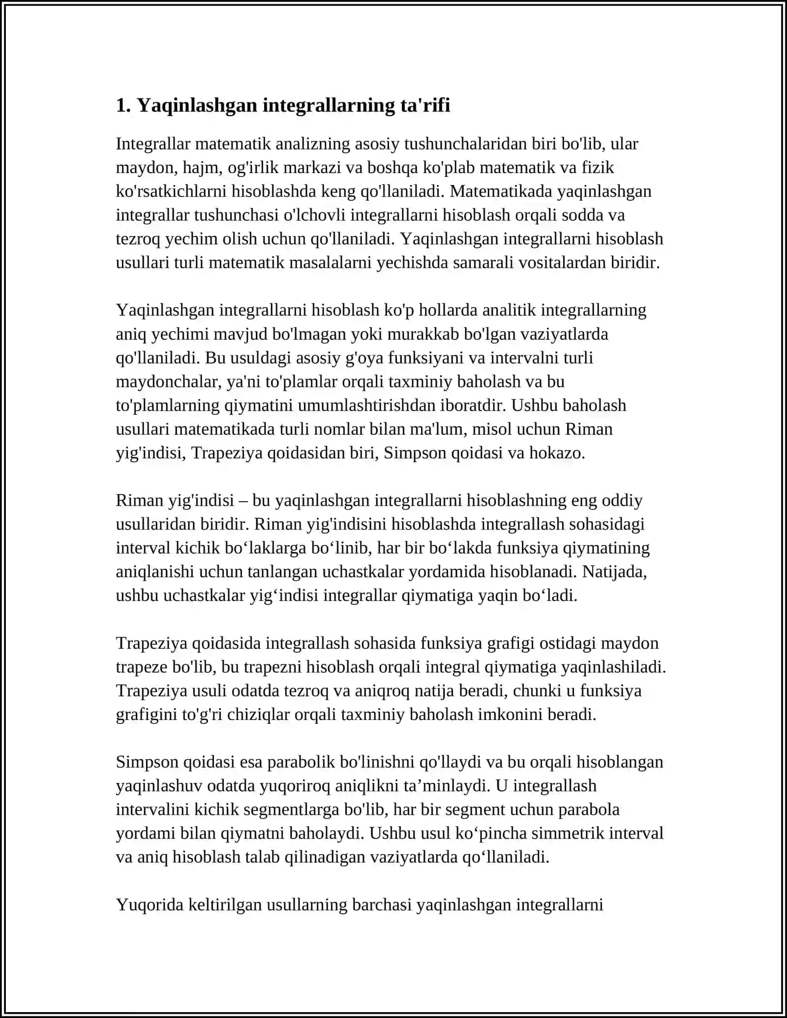 TAQRIBIY INTEGRALLASH FORMULASINI TANLASH, ANIQLIGINI BAHOLASH 3
