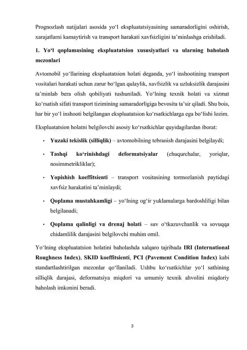Avtomobil yo‘llarida ekspluatatsion ko‘rsatkichlarni monitoring qilish usullari 3