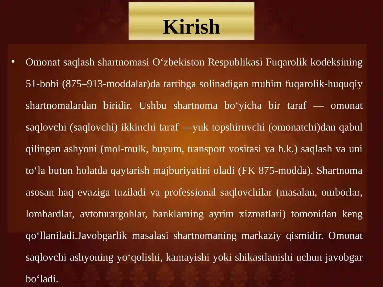 Omonatsaqlash shartnomasi javobgarlik vazirar qoplash masalalari 3