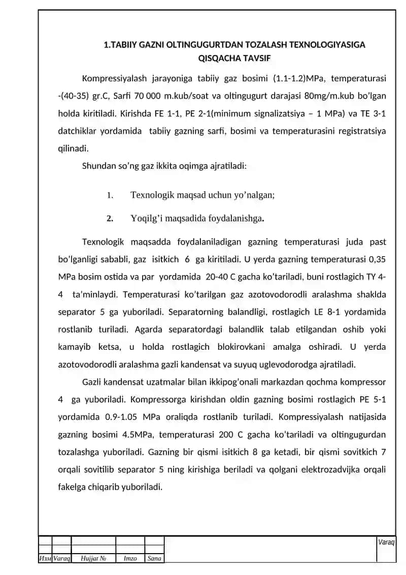 TABIIY GAZNI OLTINGUGURTDAN TOZALASH JARAYONINI AVTOMATLASHTIRISH Sanoatni avtomatlashtirish 3