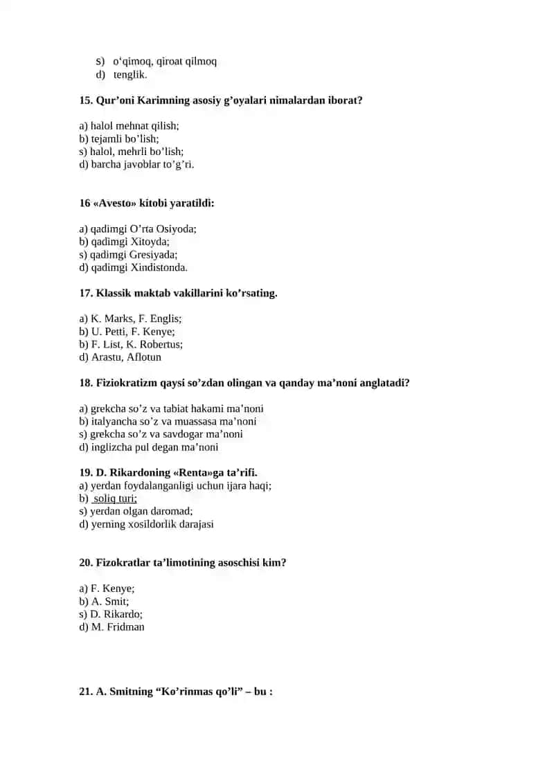 Iqtisodiy ta’limotlar tarixi fanidan test savollari 3