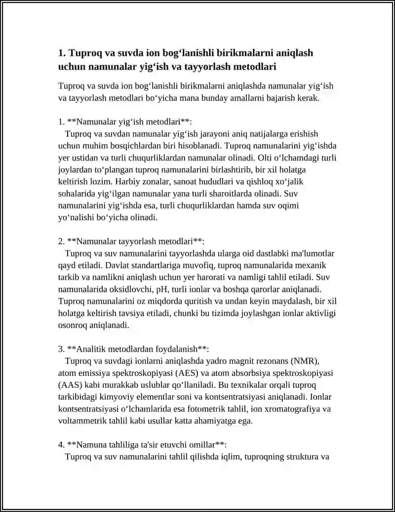 Tuproq va suvda ion bogʻlanishli birikmalarni aniqlash uchun namunalar yigʻish va tayyorlash metodlari 3