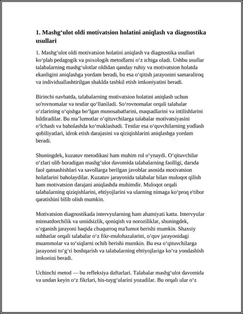 MASHĞULOT OLDI MASHĞULOT KEYINGI MOTIVATSION HOLATNI SHAKKLANTIRISHDAN PEDAGOGIK VA PSIXOLOGIK TA'SIR MEXANIZLARI QANDAY QOLLANILADI 3