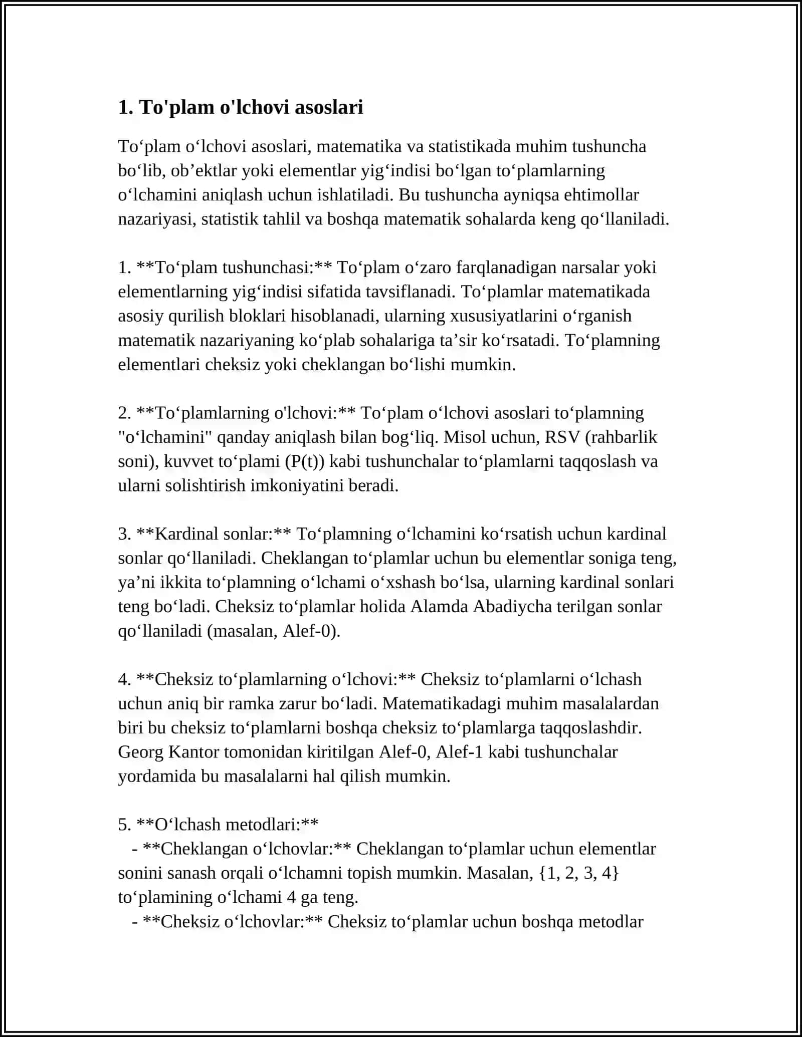 TO‘PLAM O‘LCHOVI.TEKISLIKDA ELEMENTAR TO‘PLAMLAR VA ULARNING O‘LCHOVI.LEBEG O‘LCHOVI VA UNING XOSSALARI 3