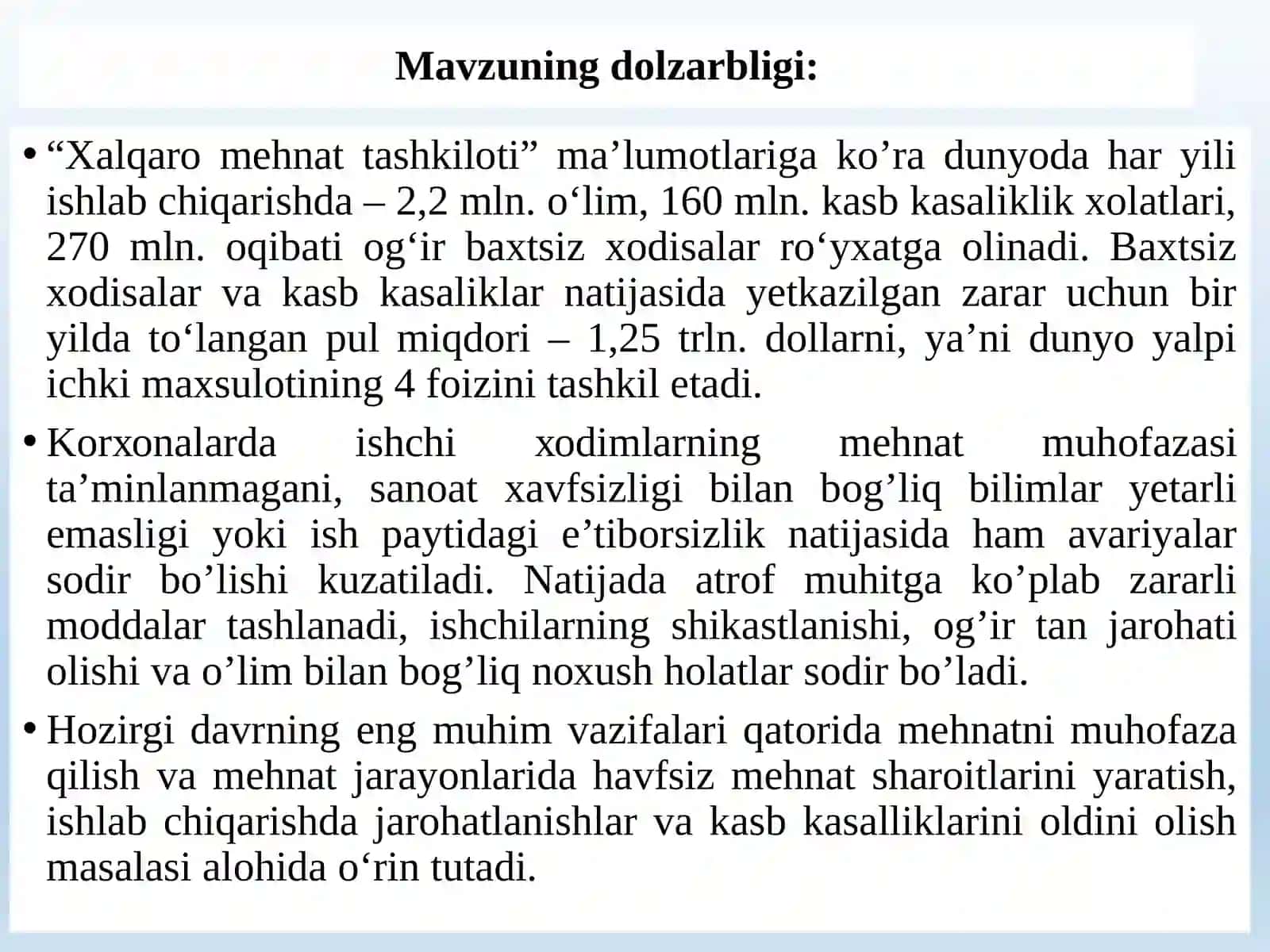 ISHLAB CHIQARISHDA SODIR BO’LADIGAN BAXTSIZ XODISALAR VA KASB KASALLIKLARI 3
