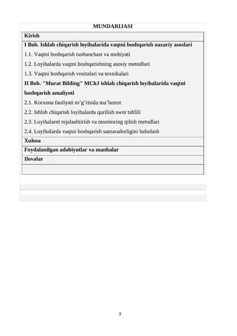 Ishlab chiqarish loyihalarida vaqtni boshqarish metodlari "Murat bilding" (MChJ misolida) 3
