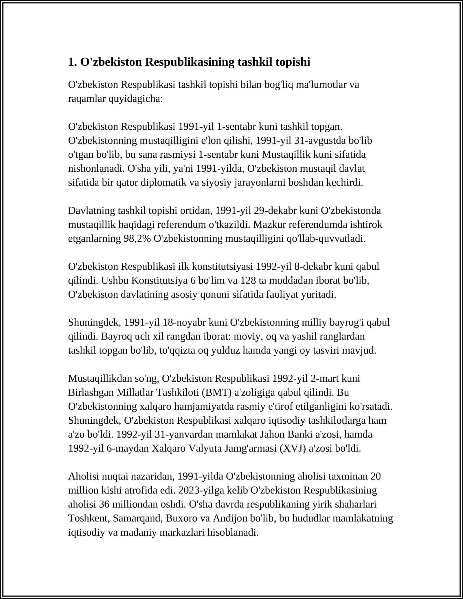 MUSTAQIL OʻZBEKISTON RESPUBLIKASINING TASHKIL TOPISHINING TARIXIY AHAMIYATI. OʻZBEKISTONNING OʻZIGA XOS IQTILOL VA TARAQQIYOTI YOʻLI 3