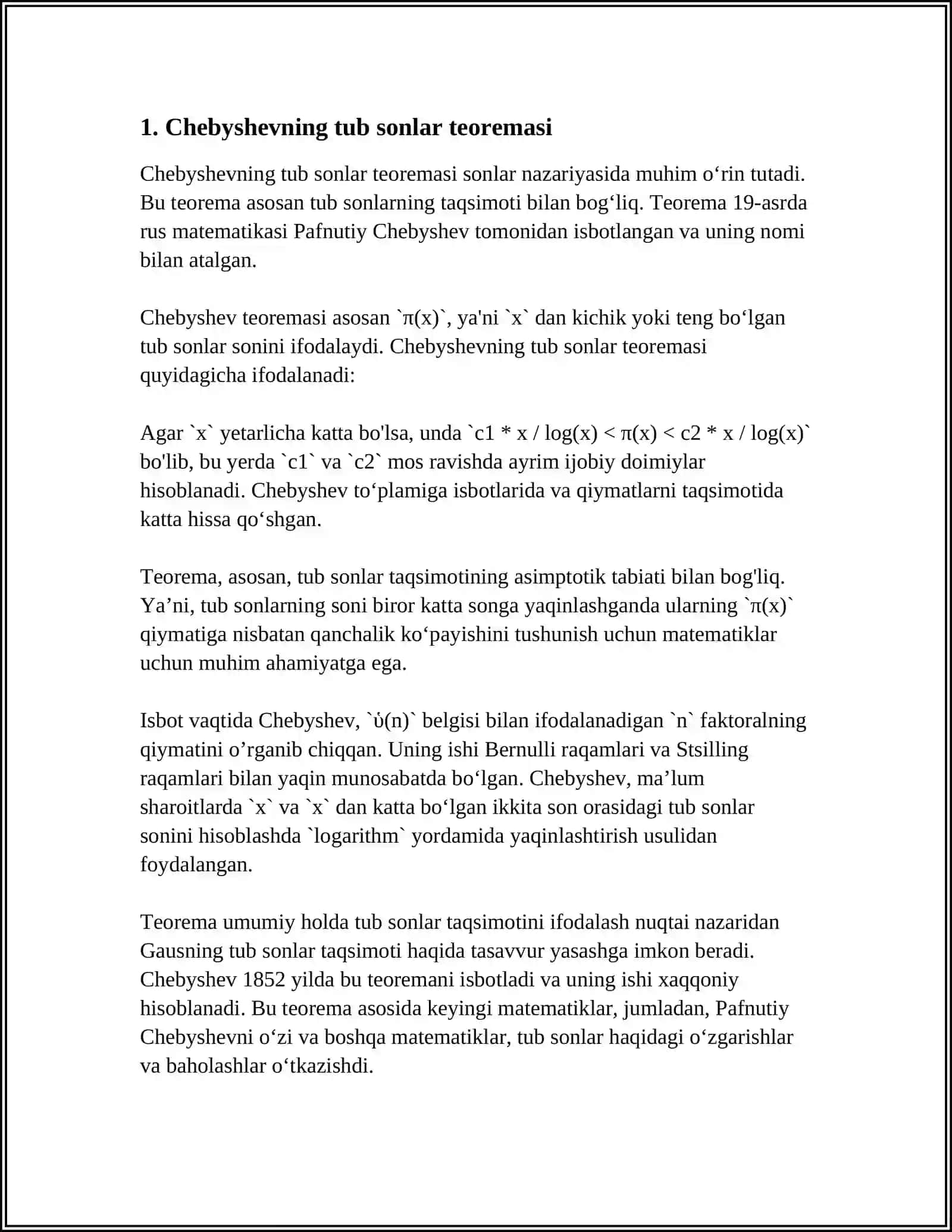 CHEBISHEVNING TUB SONLARNI ZICHLIGI HAQIDAGI TEOREMASI 3