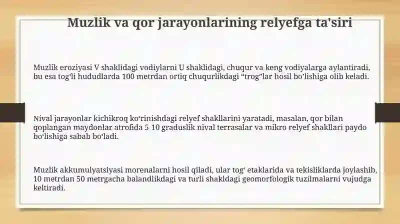 Muzlik va qor jarayonlarining relyefga tasiri 3