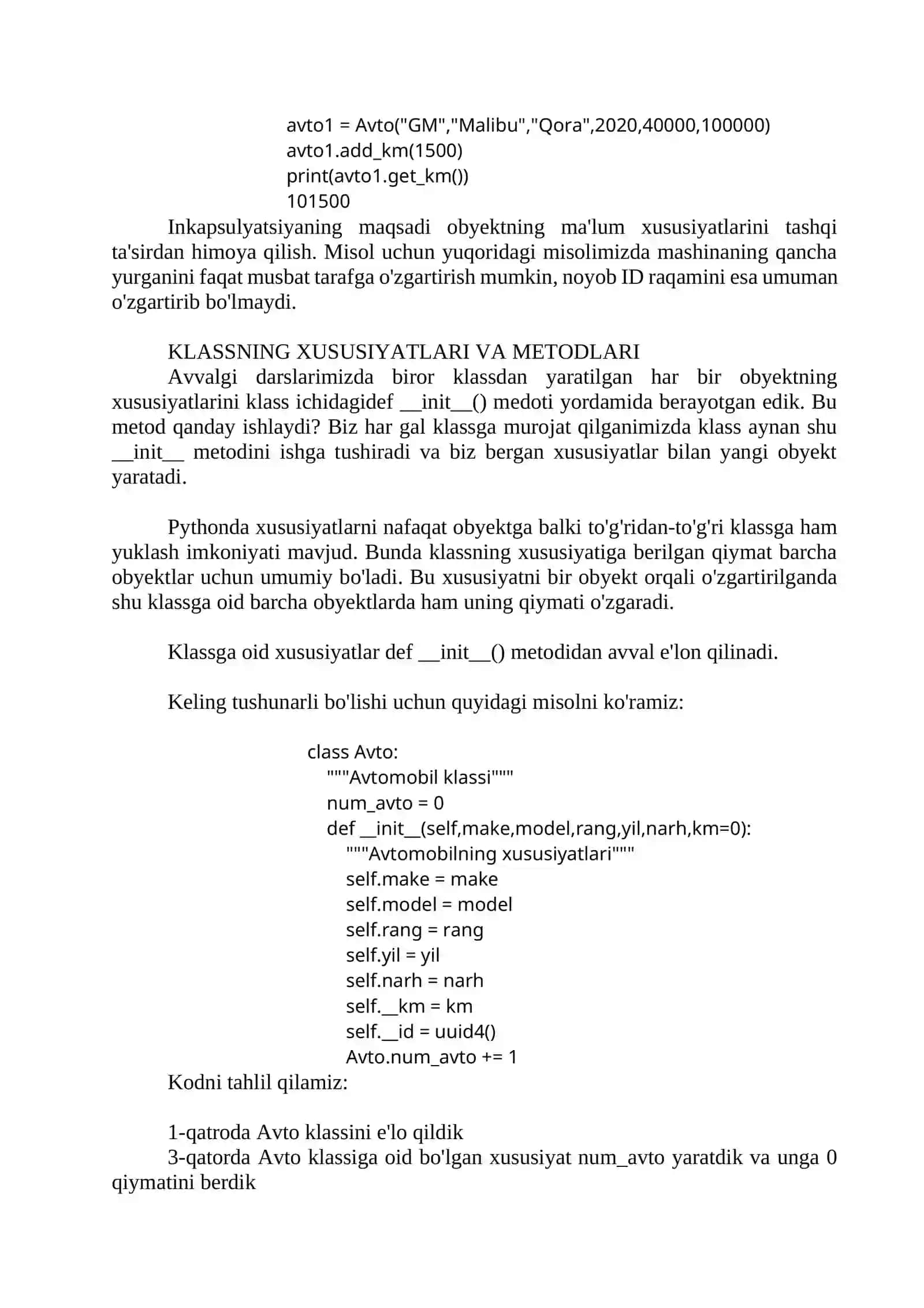Inkapsulyatsiya, klassnig xususiyati va metodlari. Dunder metodlari 3