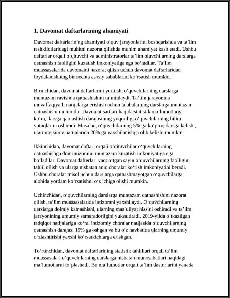 MUSTAQIL ISH Mavzu: MAKTABGACHA TAʼLIM TASHKILOTIDA DAVOMAT DAFTARLARI VA ULARNI YURITILISHI 3