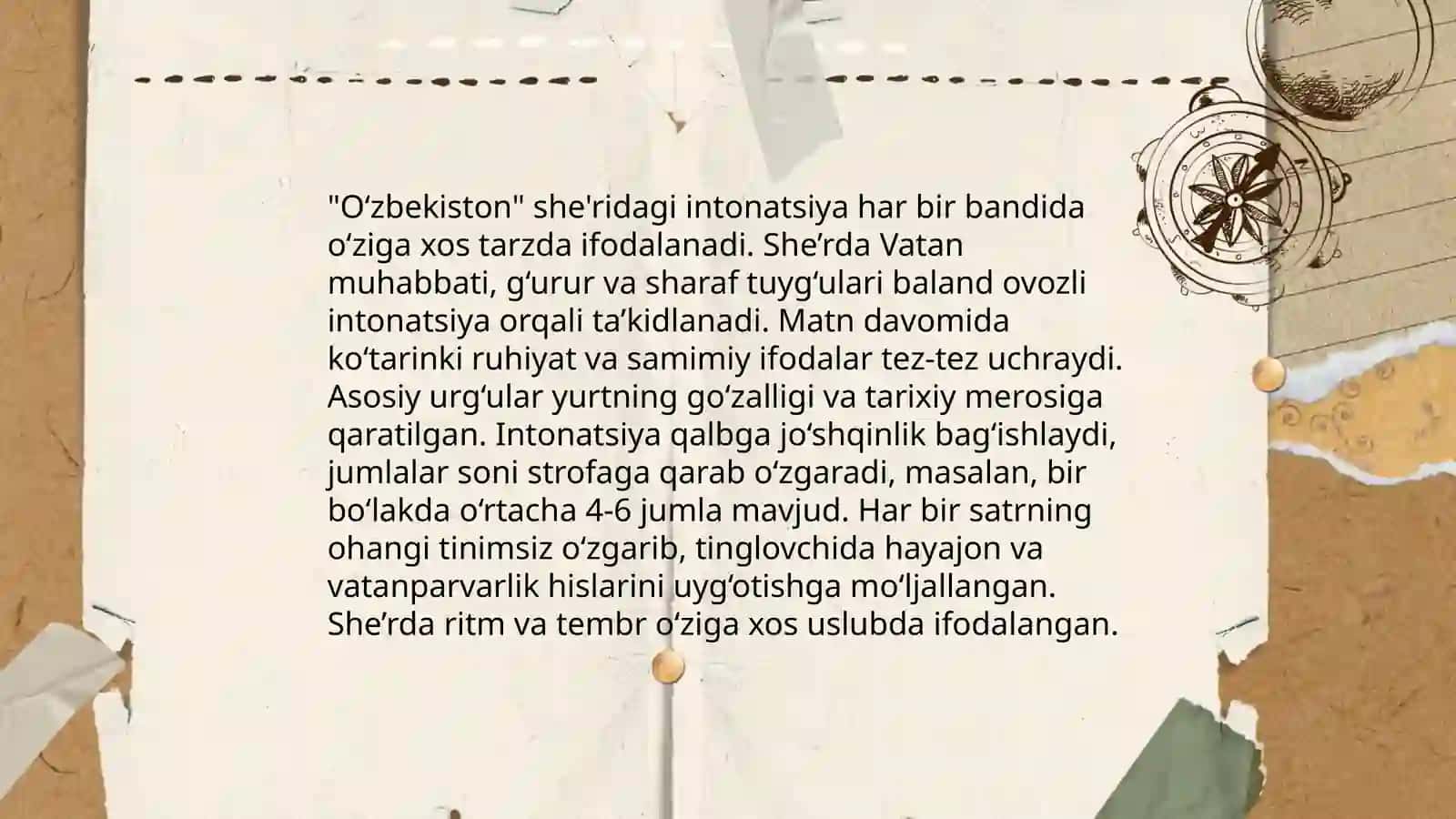 Abdulla Oripovning “O‘zbekiston” she’ridagi intonatsiya, urg‘u, pauzalar ustida ishlash 3
