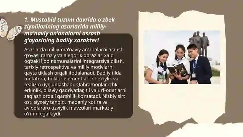 Mustabid tuzum davri o'zbek ziyolilari asarlarida milliy-ma'naviy an'analarini asrash uchun kurash g'oyasi 3