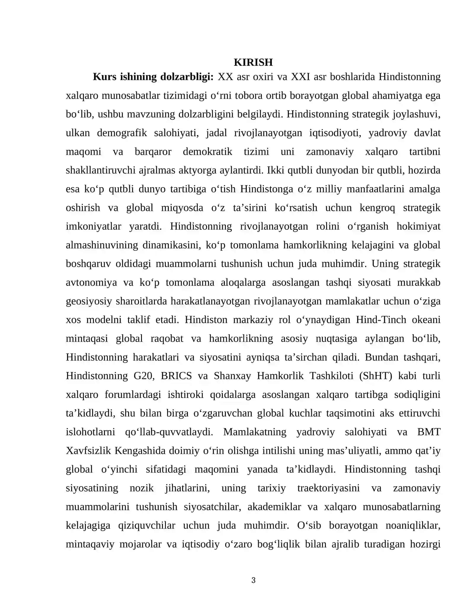 XX ASR OXIRI-XXI ASR BOSHILARIDA XALQARO MUNOSABATLARDA HINDISTONNING O‘RNI 3