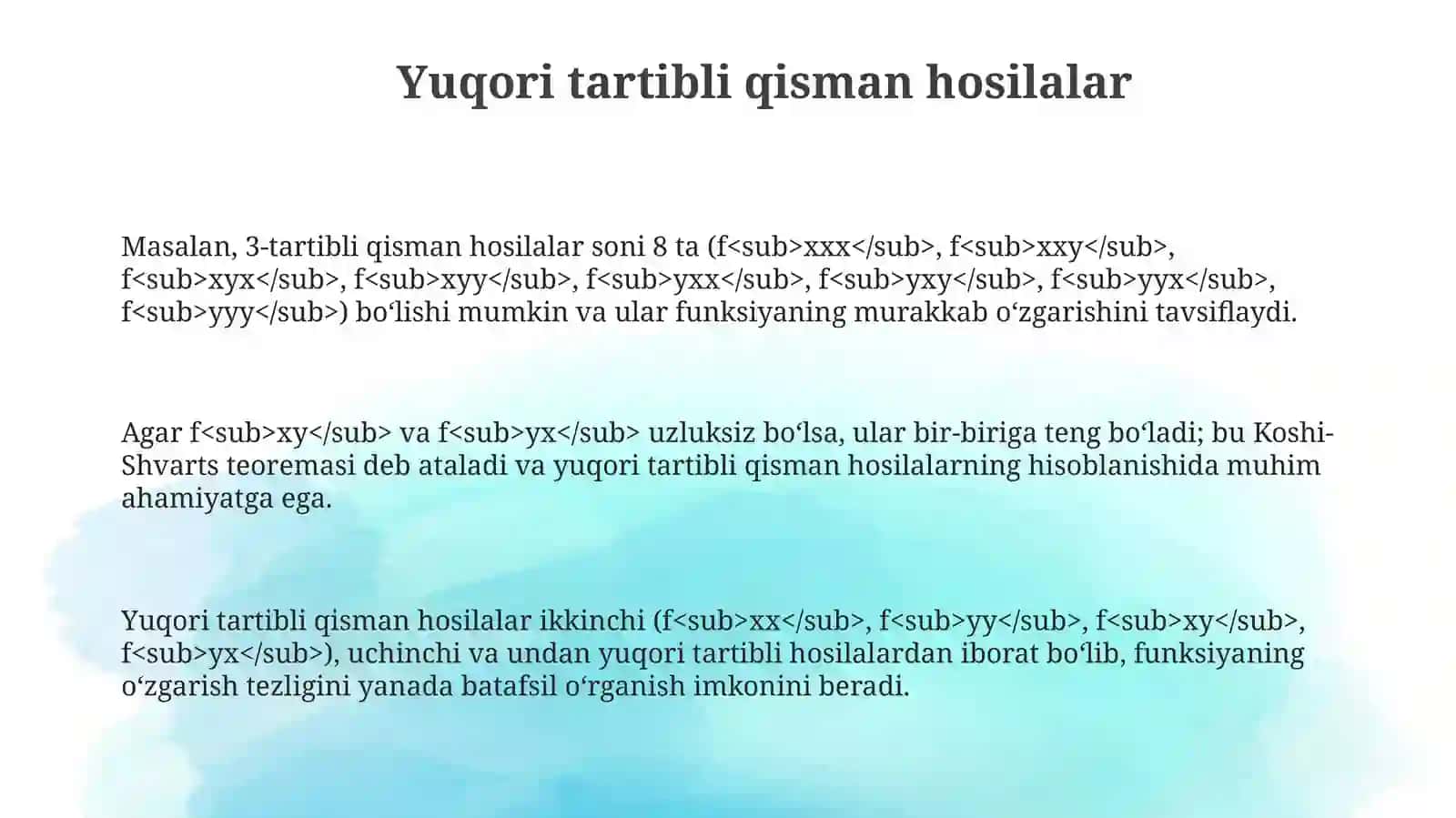 Ko’p o’zgaruvchili funksiyaning xususiy hosilasi va diffrensiyalanuvchanligi 3