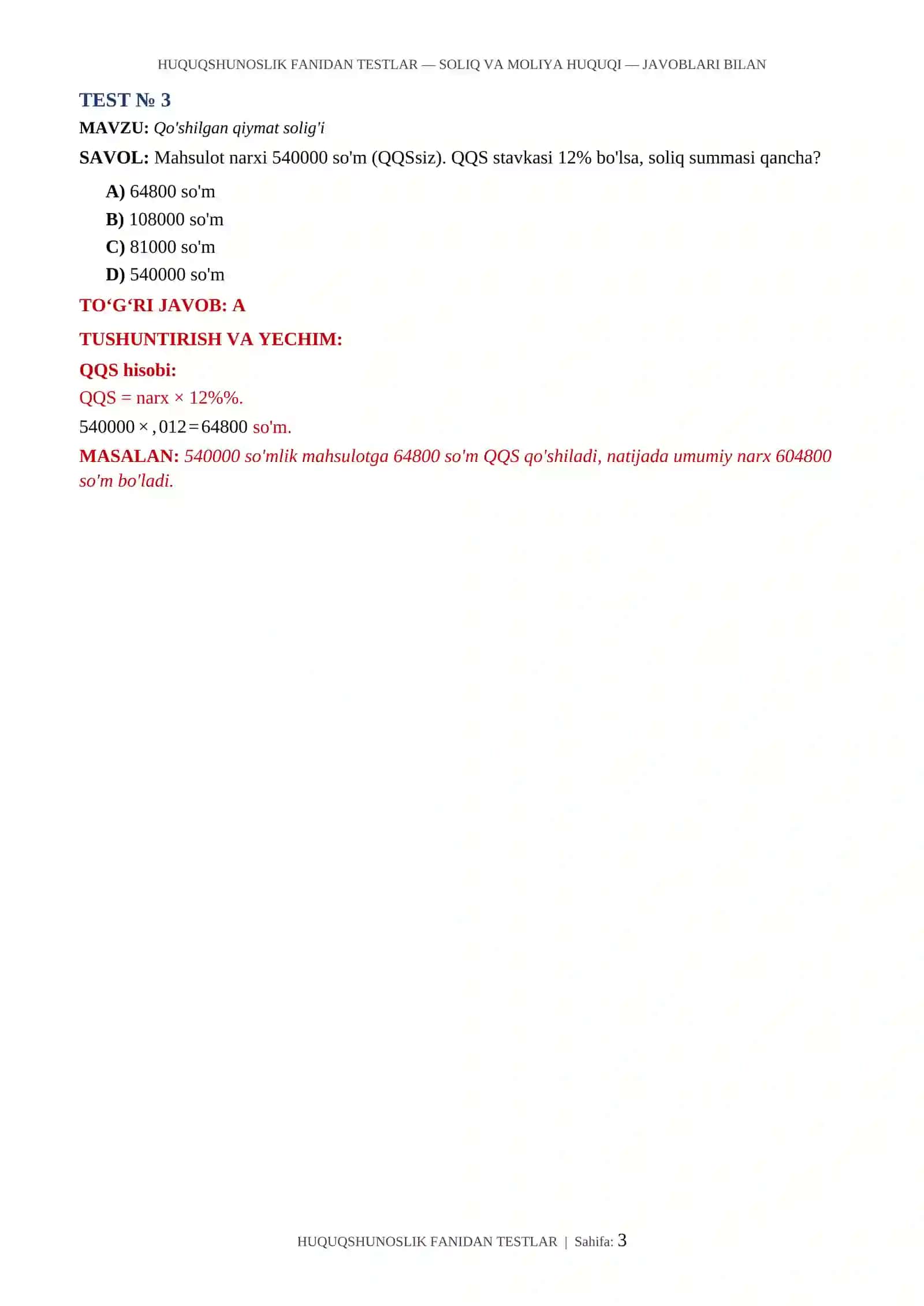 HUQUQSHUNOSLIK FANIDAN TESTLAR 3