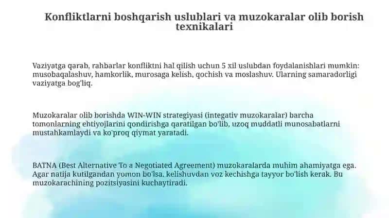 Konfliktlarni boshqarish uslublari va muzokaralar olib borish texnikalari 3