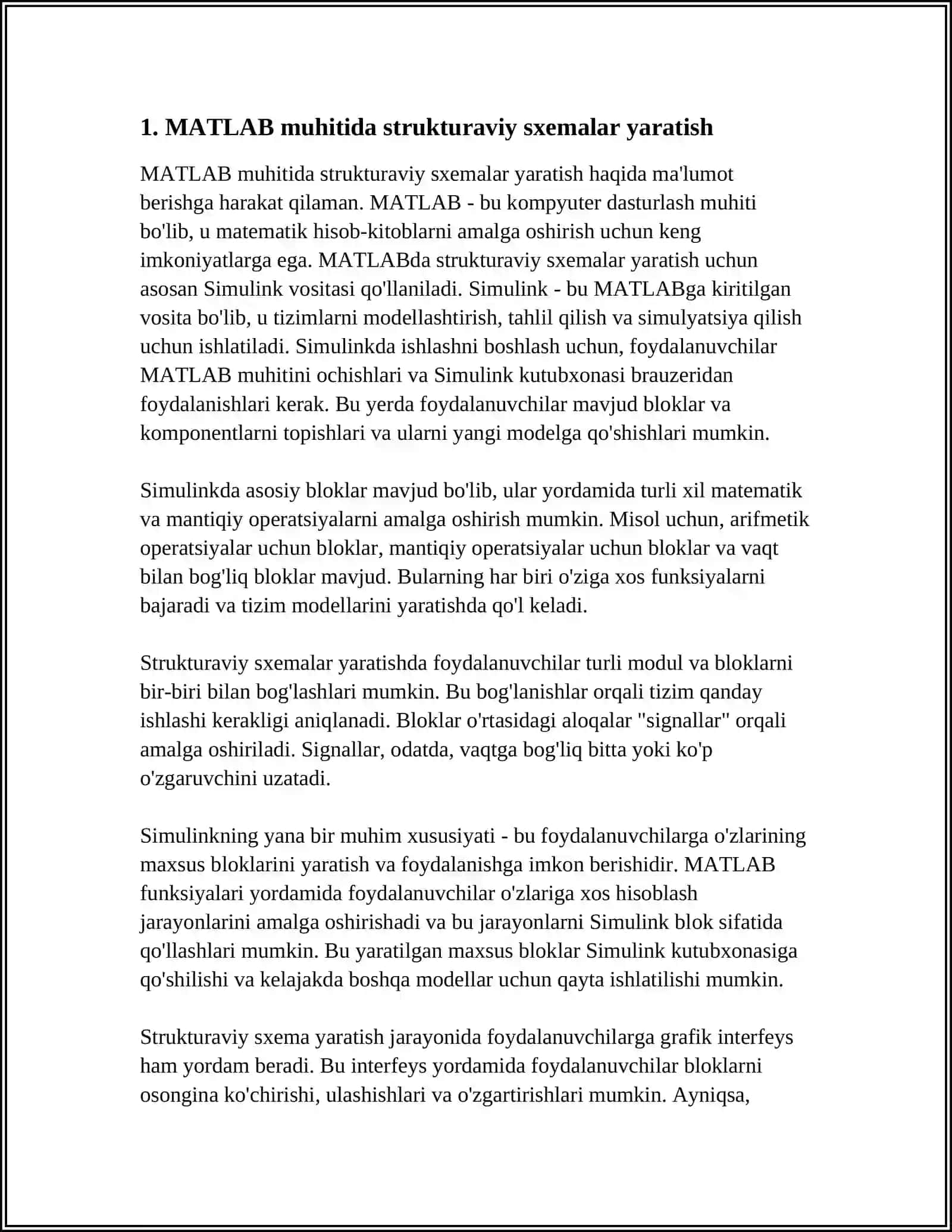 BOSHQARISH SISTEMALARINING STRUKTURAVIY SXEMALARINI MATLAB DASTURIY PAKETIGA BOG‘LASH 3