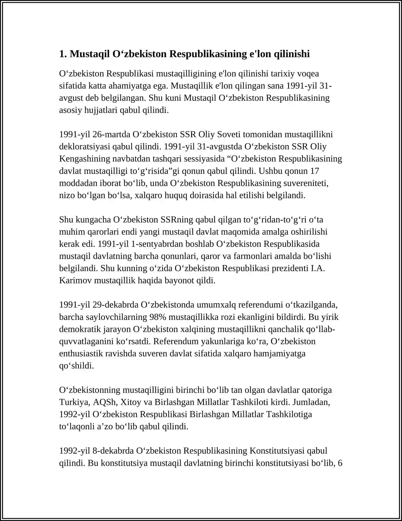 MUSTAQIL OʻZBEKISTON RESPUBLIKASI TASHKIL TOPISHI VA UNING TARIXIY AHAMIYATI 3