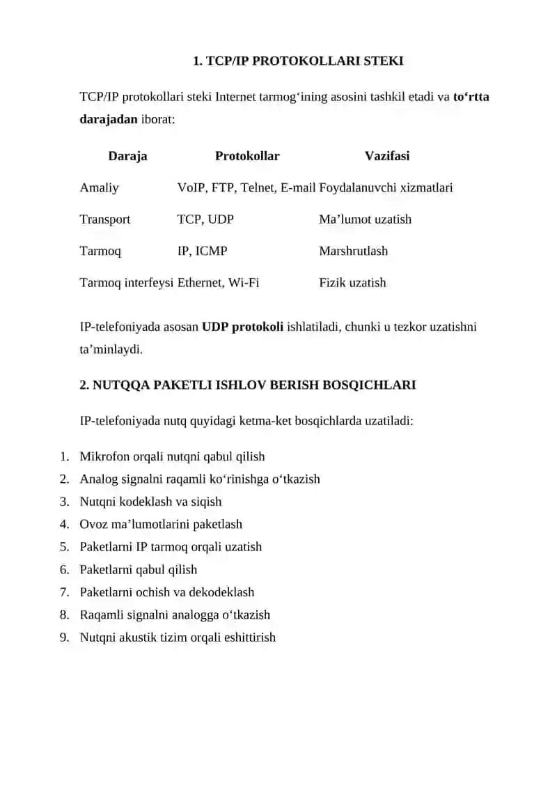 Axborot uzatish tizimi. Tovushni paketli uzatish prinsiplari (IP-telefoniya texnologiyasi) 3