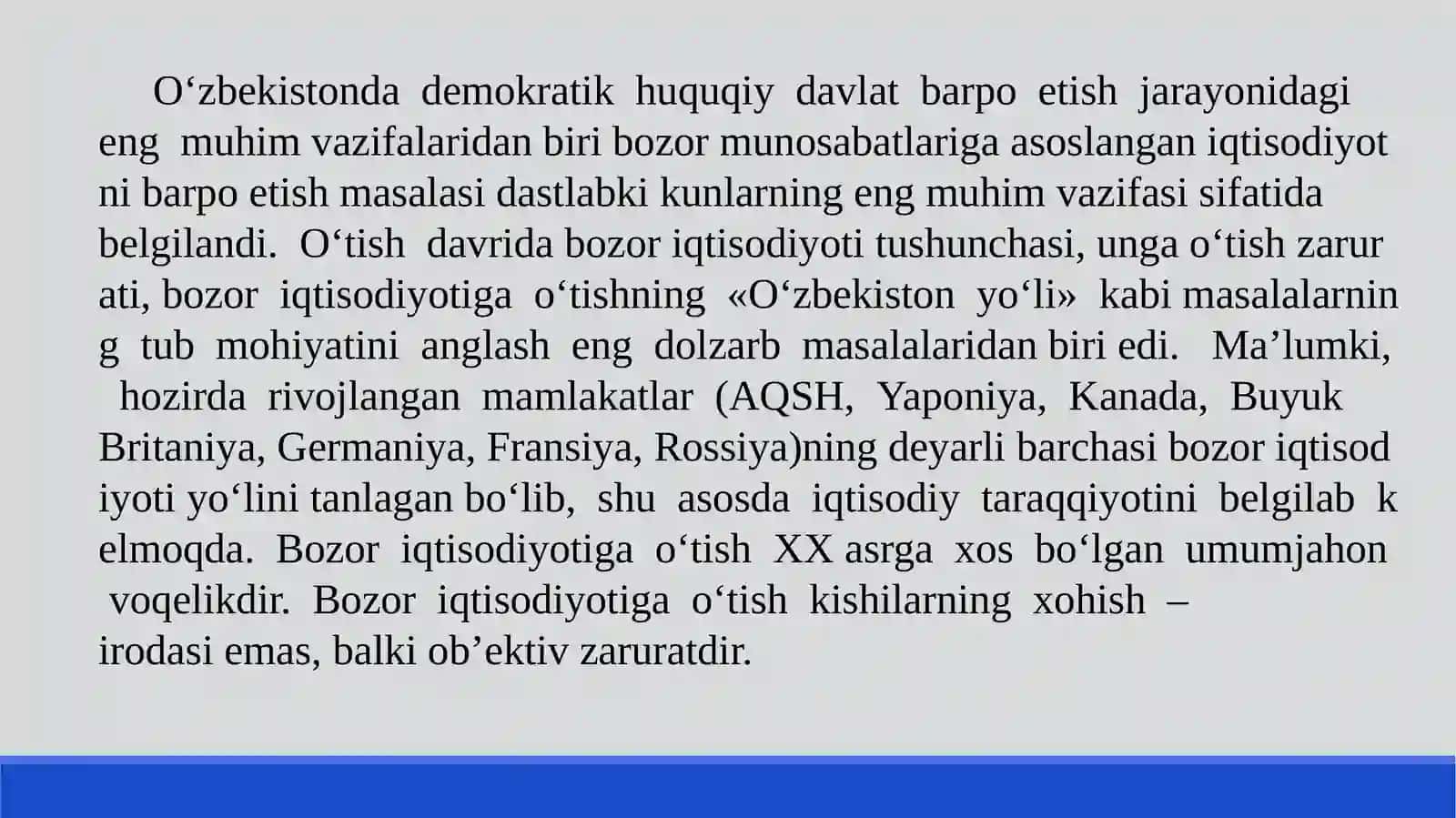 Iqtisodiy islohotlar, xususiy mulkchilikning shakllanishi. O‘zbekistonda bozor munosabatlarining rivojlanishi 3