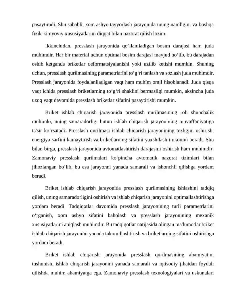 Briket ishlab chiqarish uchun moʻljallangan presslash qurilmasi ishini tadqiq qilish 3
