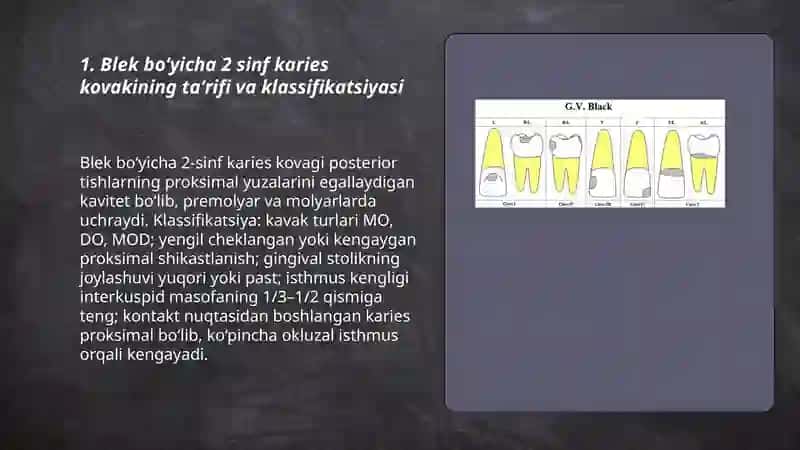 Blek boʻyicha 2 sinf karies kovaklarini tayyorlashning oʻziga xosligi 3