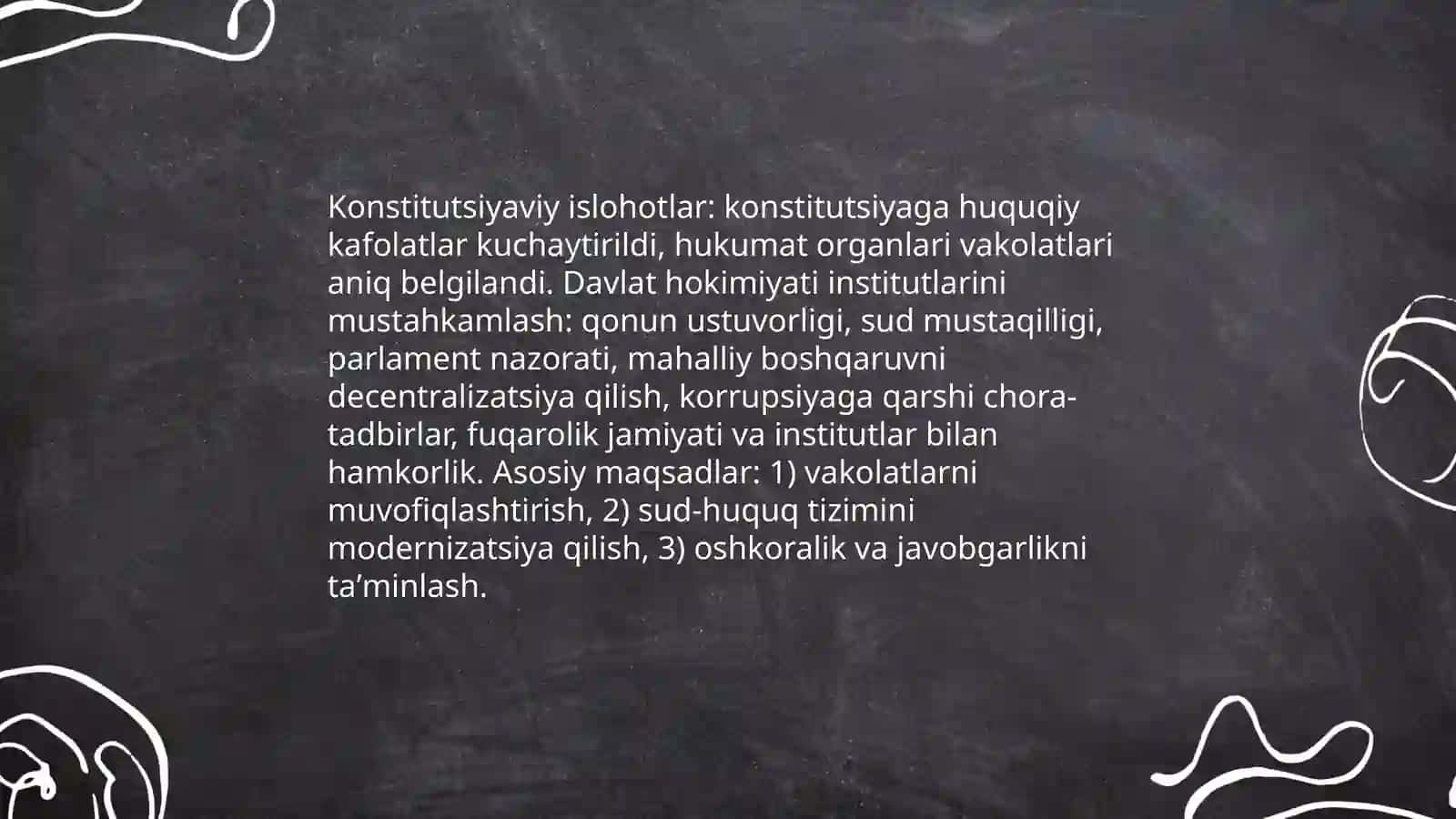 Oʻzbekistonda huquqiy siyosiy islohotlarning amalga oshirilishi,demokratik jamiyatni shakllantirish yoʻlidagi islohotlar Maʼmurova Rayxona 3