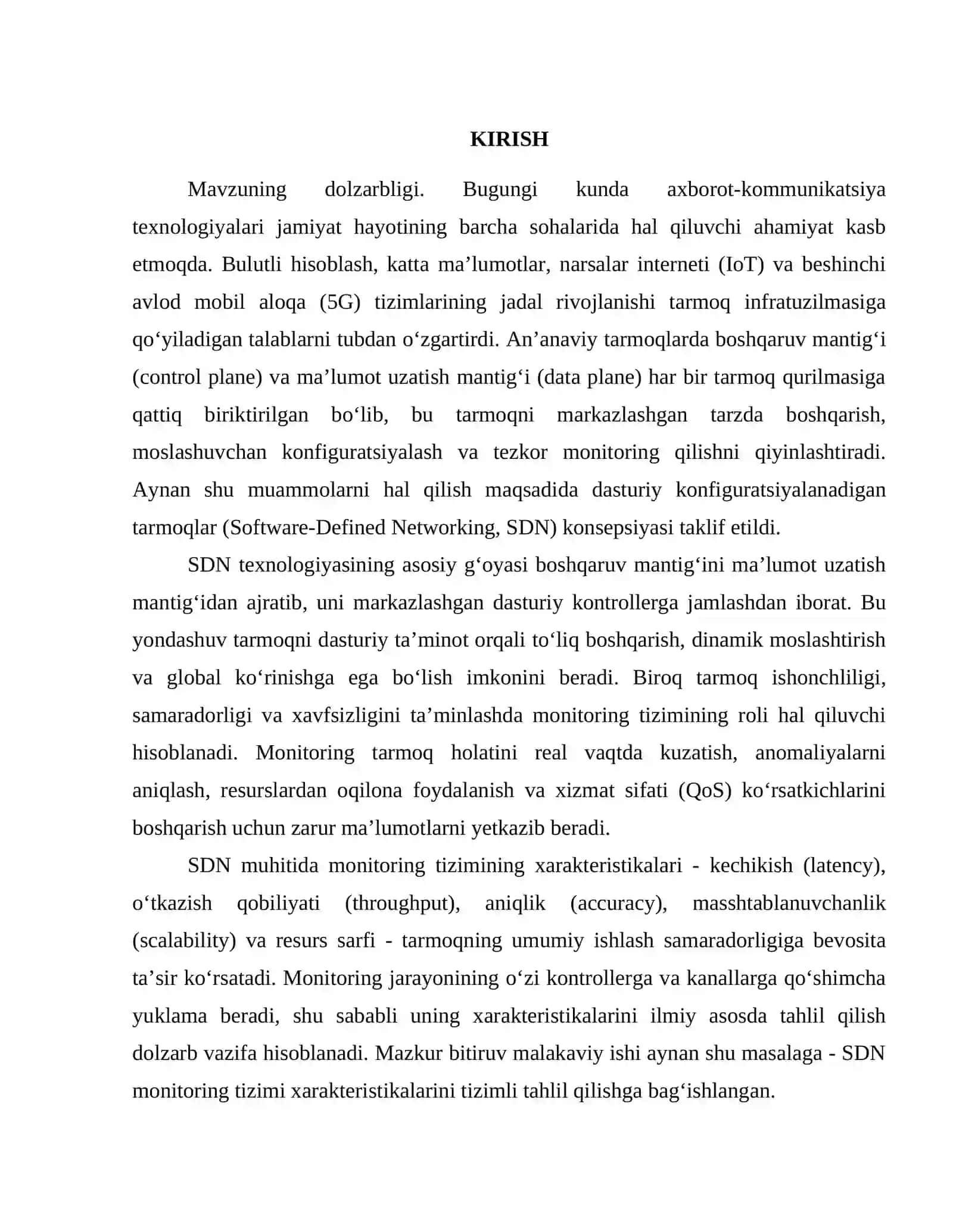 Dasturiy konfiguratsiyalanadigan tarmoqlarni monitoring qilish tizimi xarakteristikalarini tahlil qilish 3