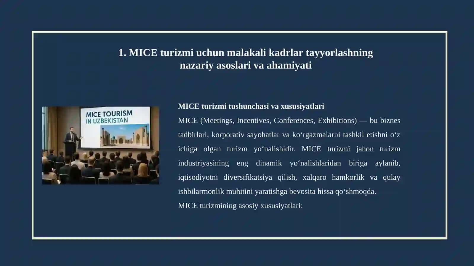 MICE turizmining rivojlanishi uchun kadrlar tayyorlash va qayta tayyorlash tizimini takomillashtirish 3