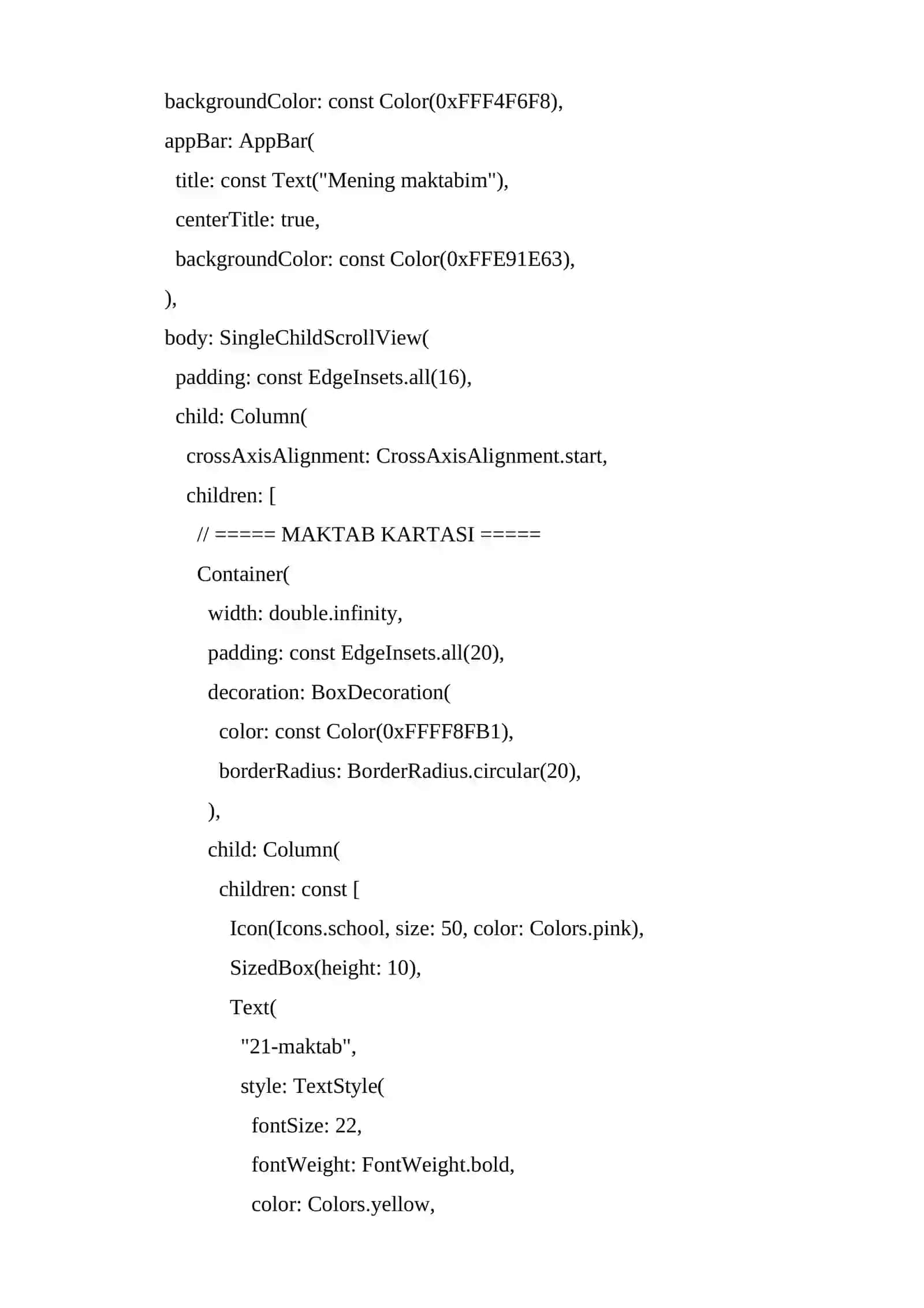 O‘qigan maktabim ilovasi 1 ta oynasi(User interfeysi-UI)ni Flutterda tayyorlash 3
