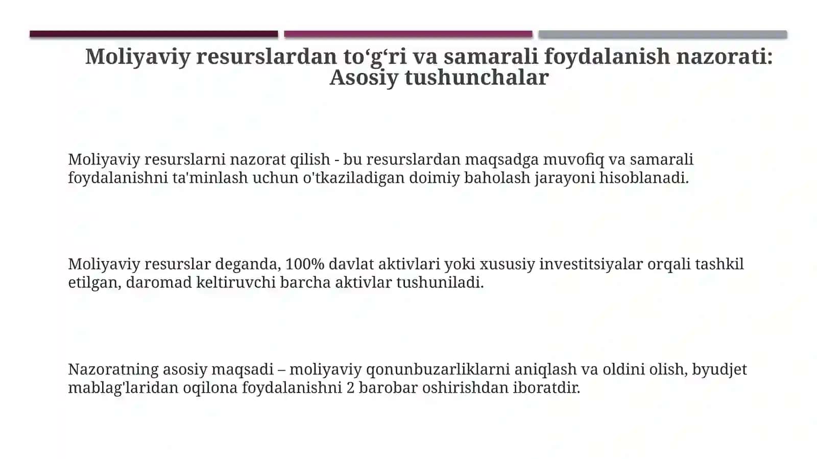Moliyaviy resurslardan toʻgʻri va samarali foydalanishinin nazorat qilinishi haqida 3