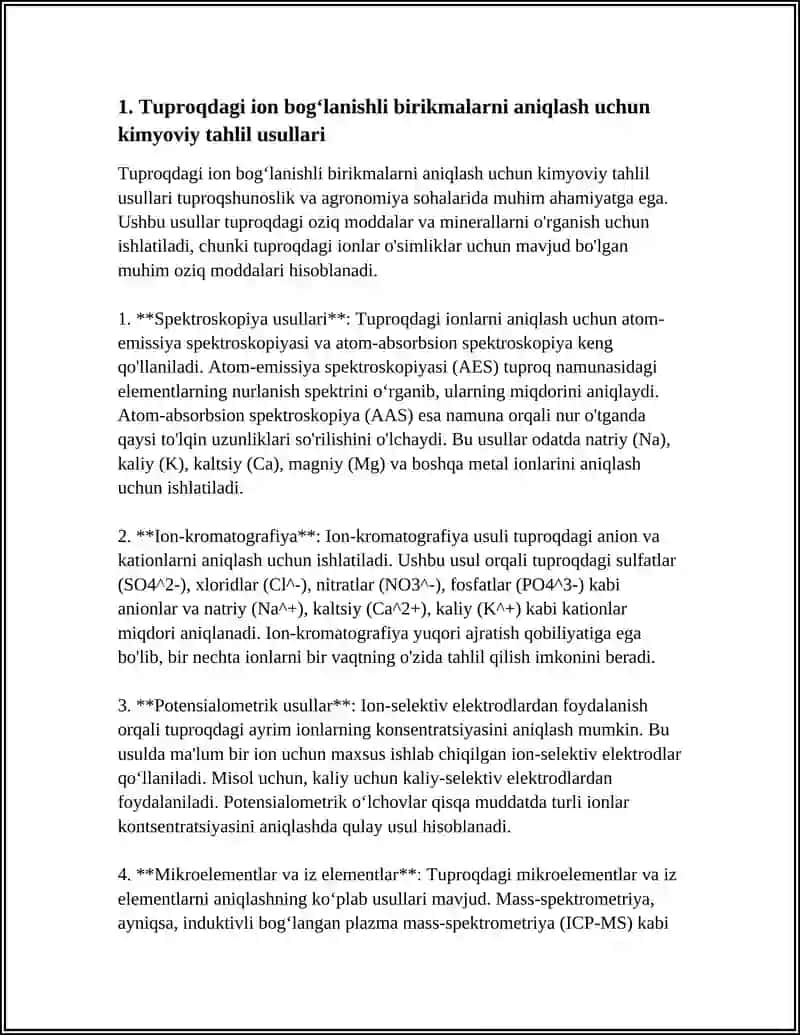 Tuproqdagi ion bogʻlanishli birikmalarni aniqlash uchun kimyoviy tahlil usullari 3