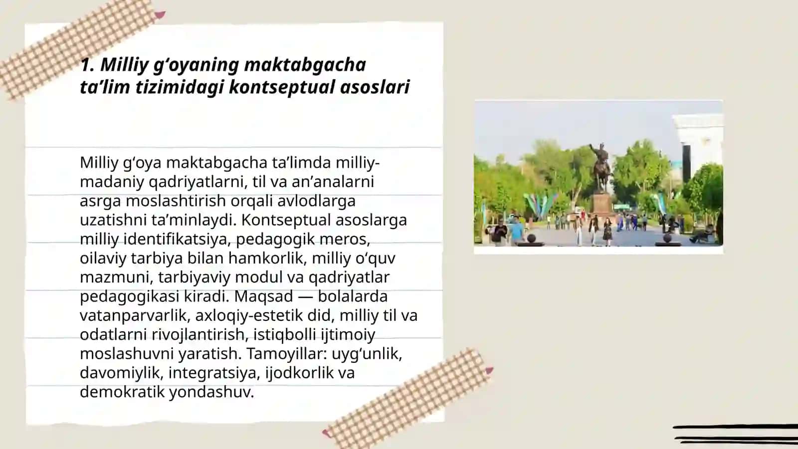 Milliy gʻoyaning maktabgacha taʼlim tizimdagi vazifalari, tarbiyachining namunaviy roli va milliy tarbiyani rivojlantirish istiqbollari 3