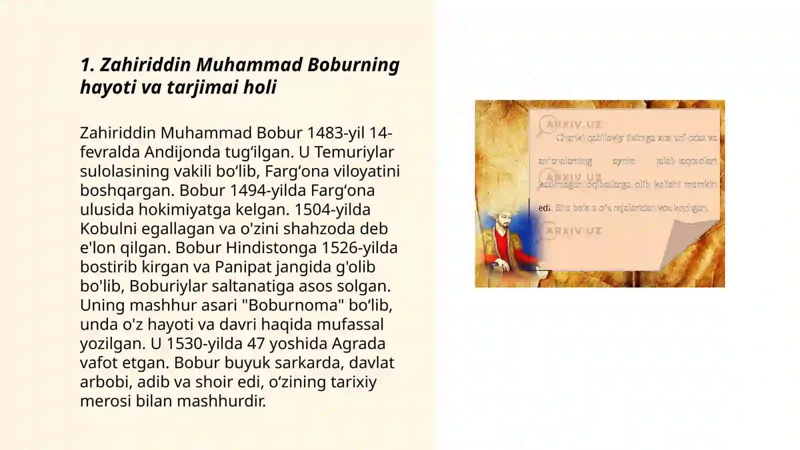 Zahiriddin Muhammad Bobur va uning siyosiy,iqtisodiy,madaniy sohalardagi faoliyati 3