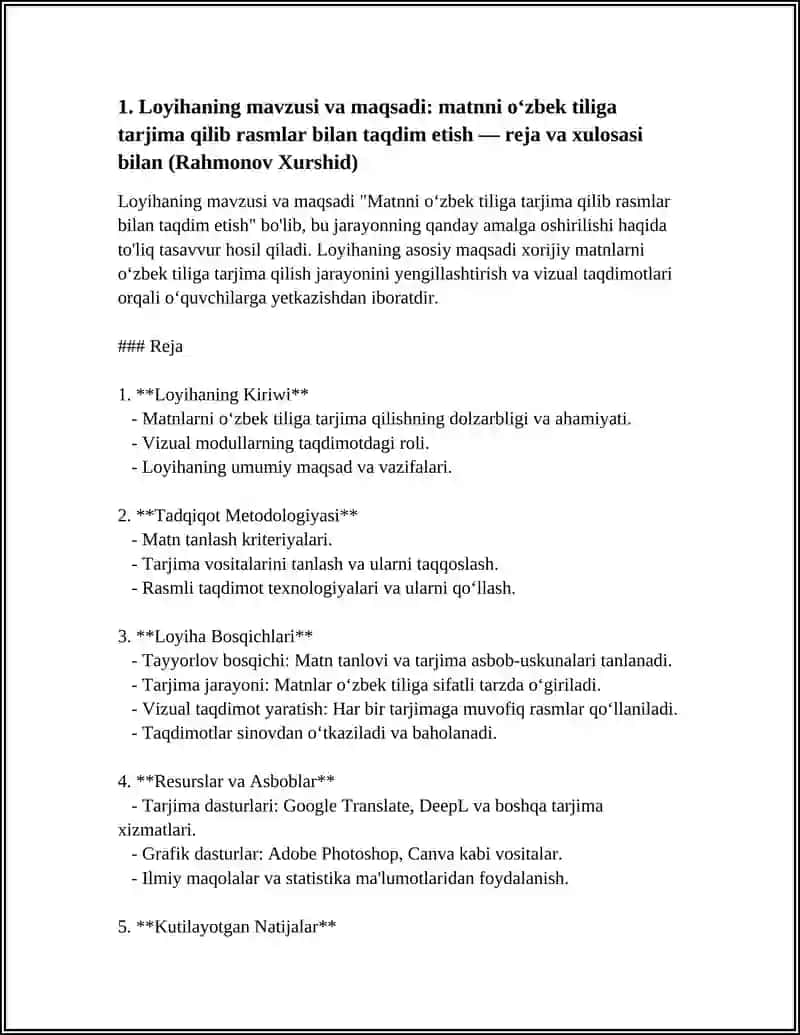 SHUNI O'ZBEK TILIGA TARJIMA QILIB RASMLAR BILAN QILISH KERAK REJA VA XULOSASI BILAN 3