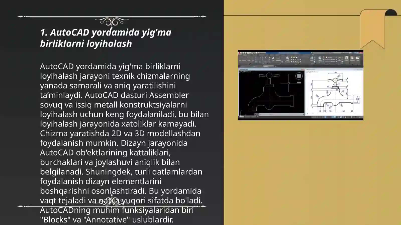 Grafik dastur(AutoCAD,KOMPAS 3D,SOLIDWORKS)yordamida detallarni yig'ma birliklarini rasmiylashtirish 3