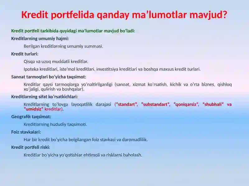 BANK KREDIT PORTFELI. BANK KREDITLARINING KLASSIFIKATSIYASI. RISKLAR VA ULARNING TURLARI. 3