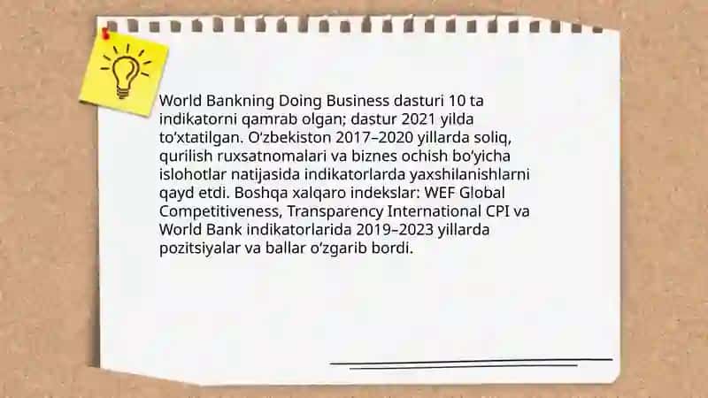 Biznes yuritish sharoitini bahovchi xalqaro indekslardagi oʻzgarishlar 3