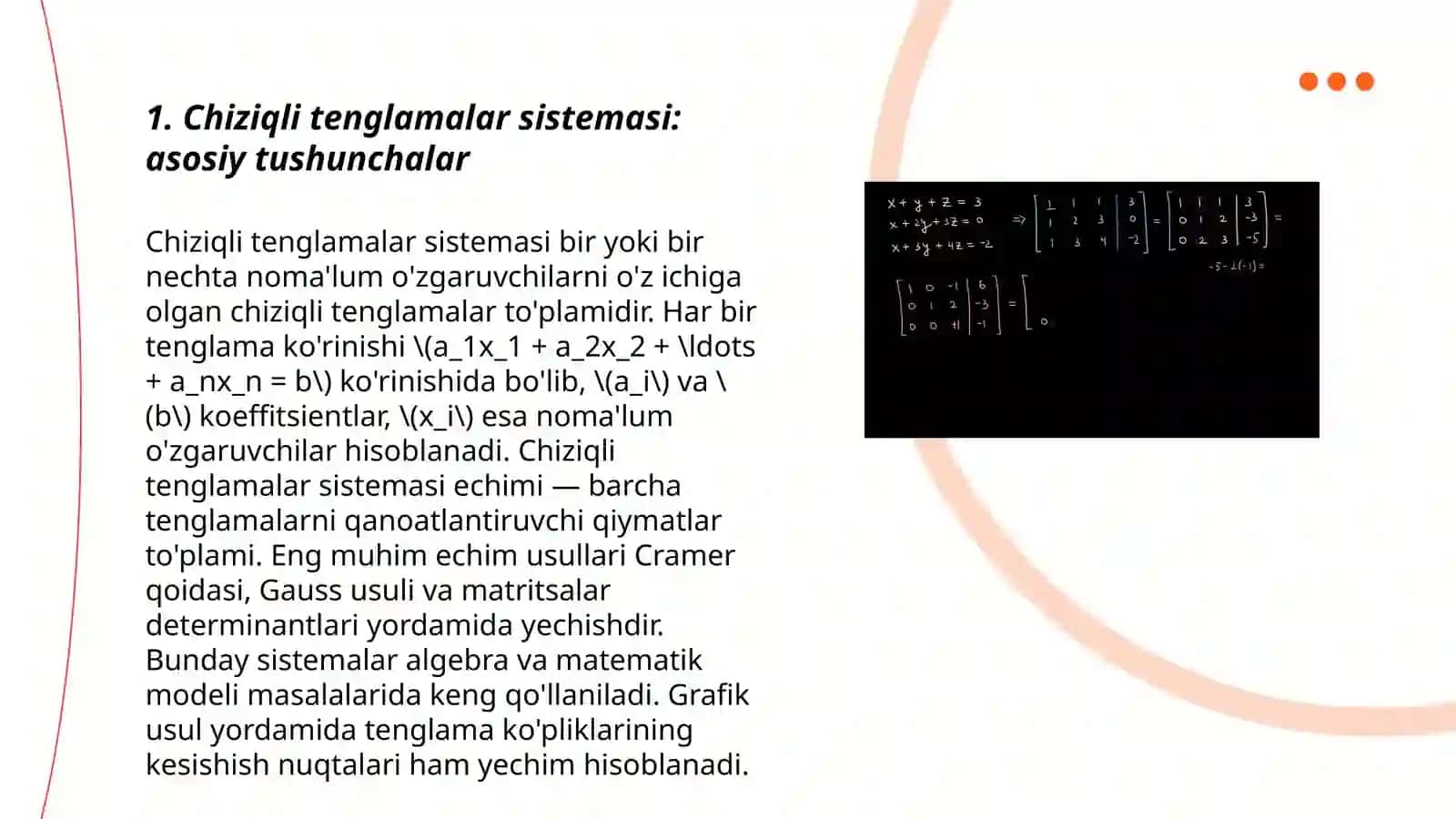 Chiziqli tenglamalar sistemasi Gauss va teskari matritsa usulida yechish 3