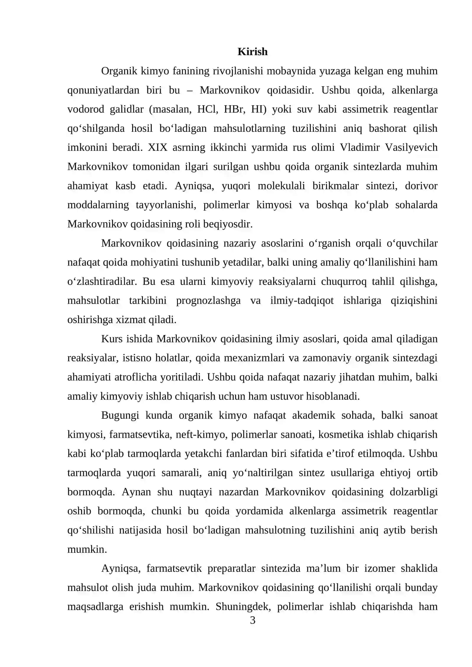 Markovnikov qoidasi kurs ishi 3