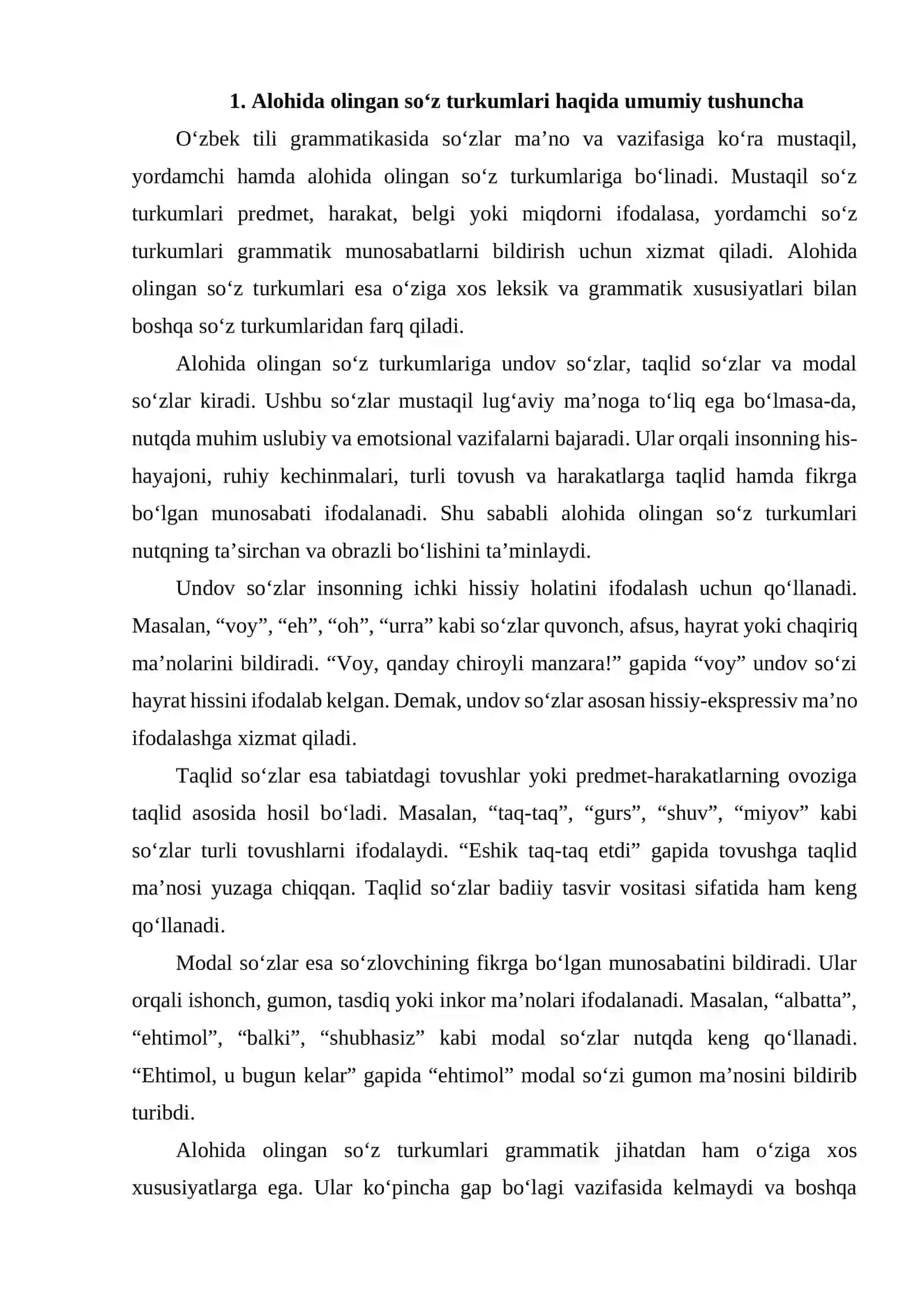 ALOHIDA OLINGAN SO’Z TURKUMLARINING TA’RIFI, TURLARI VA LEKSIK GRAMMATIK XUSUSIYATLARI 3