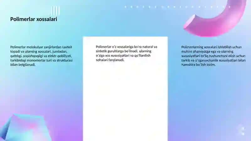 Polimerlar va plastmassalar: kimyosi va ishlab chiqarilishi 3