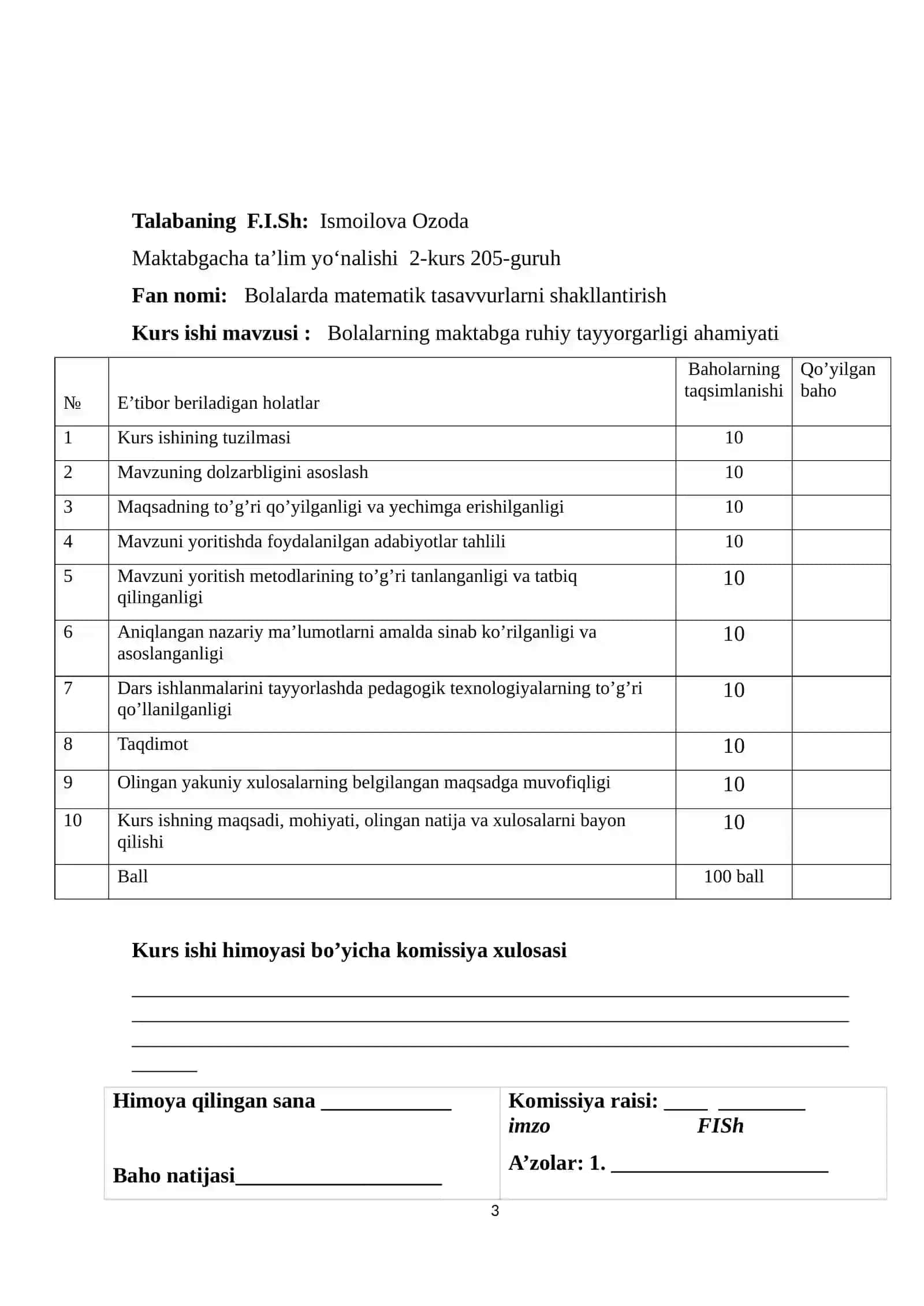 Kurs ishi: Bolalarning maktabga ruhiy tayyorgarligi ahamiyati 3