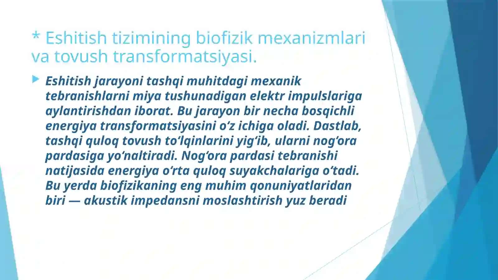 Eshitish biofizikasi elementlari.Koxlear implantatsiya asoslari 3