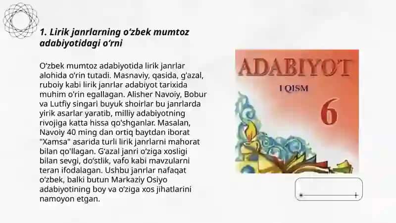 Lirik turga mansub janrlarning oʻzbek mumtoz adabiyotida tutgan oʻrni 3