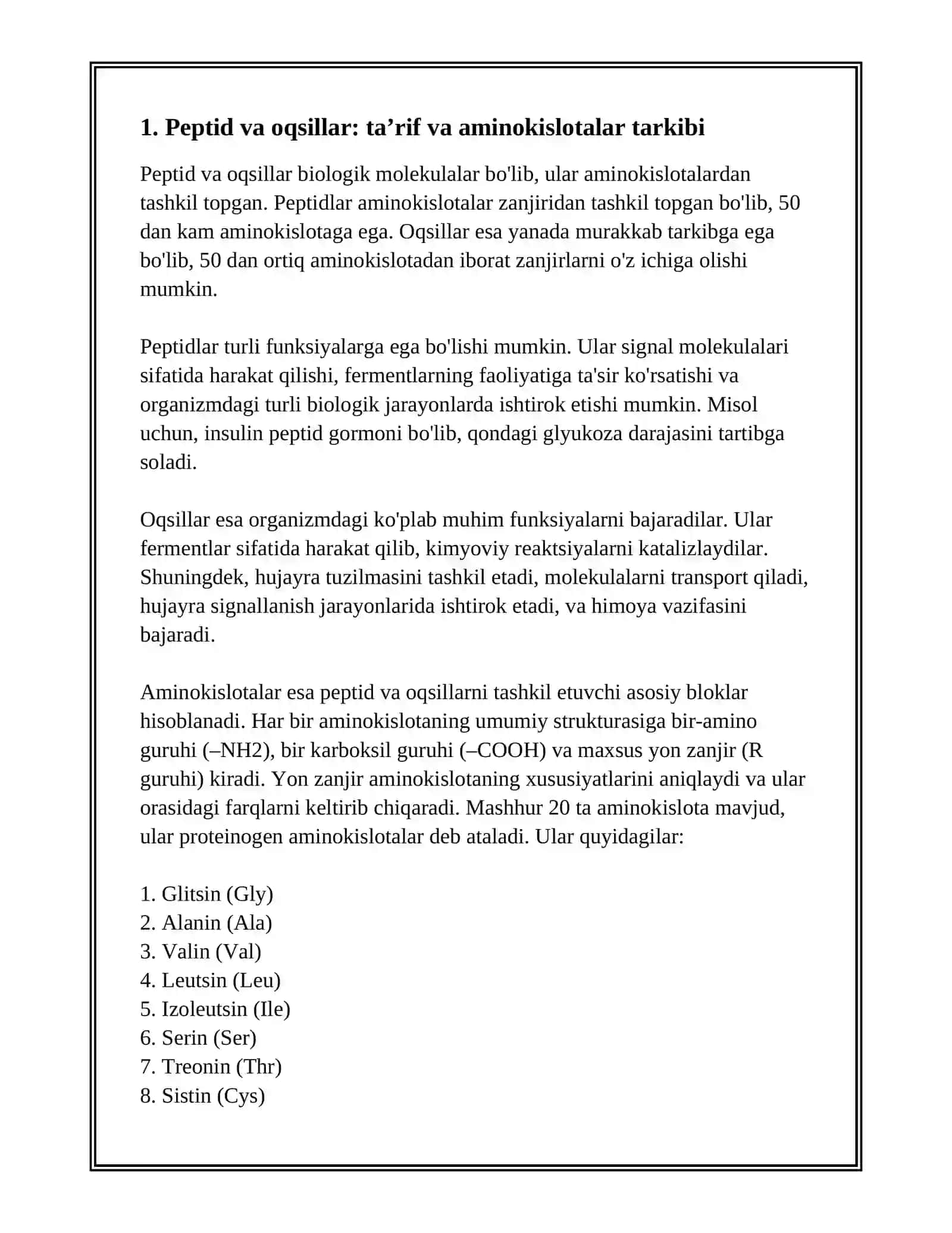 PEPTID VA OQSILLAR.OQSILLARNING FAZOVIY KONFORMATSIYALARI.PEPTID VA OQSILLARNING FUNKSIYALARI 3