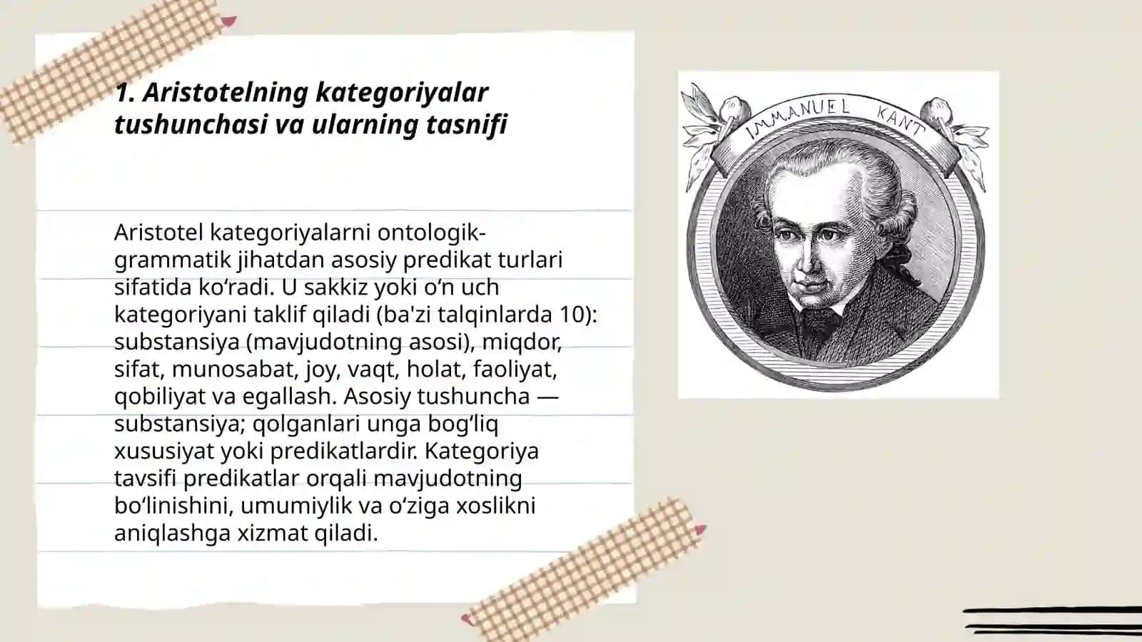 Aristotel, Forobiy va Kant ontologiyasida kategoriyalarning tasnifi 3