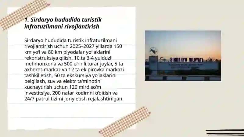 Sirdaryo hududida sayyohlik salohiyatini oshirish ishlari 3