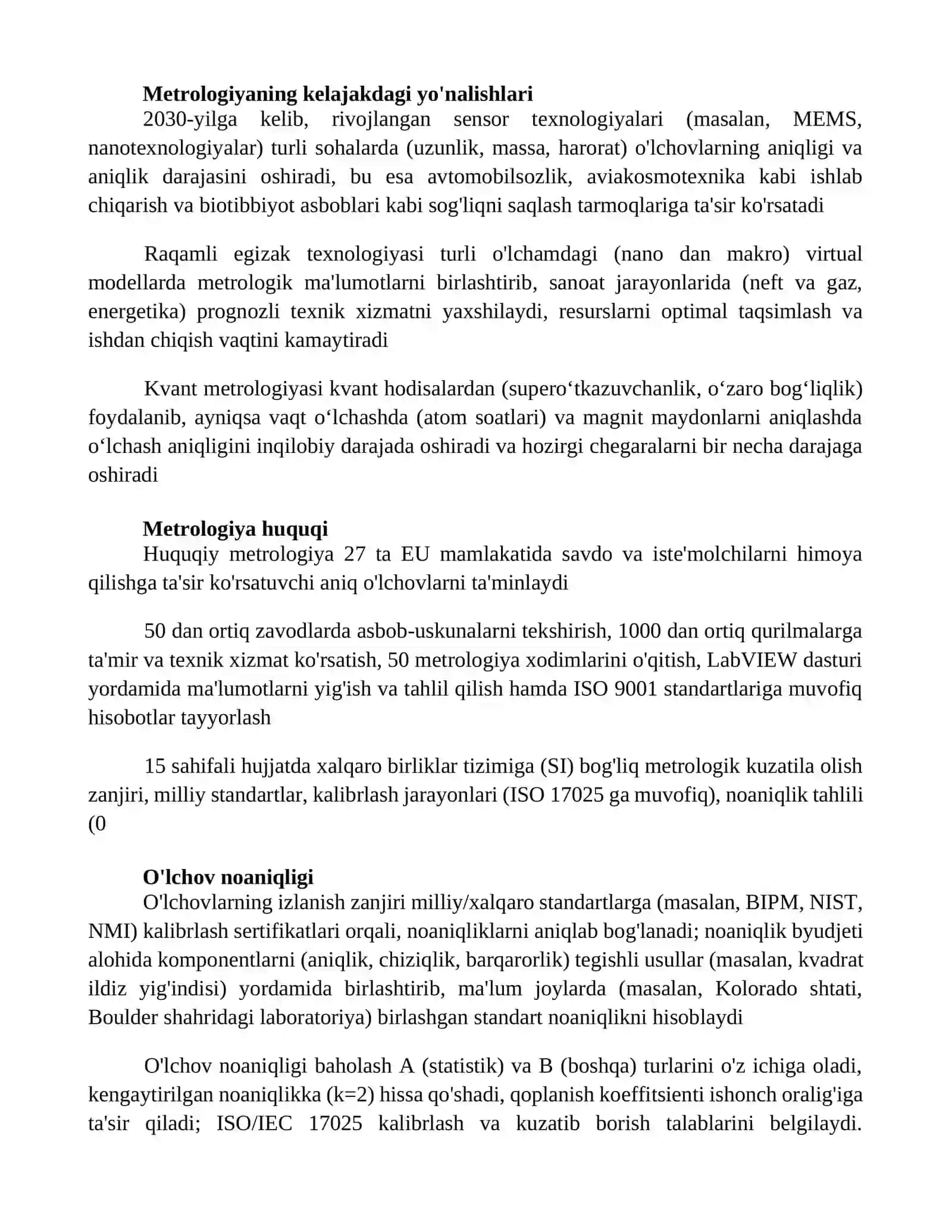 Metrologiya va metralogik ta'minot mavzusida 15 list dan iborat 3